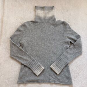 Iris V Arnim Ombre Stripe Neck & Cuffs Women's Grey Cashmere Turtleneck Sweater